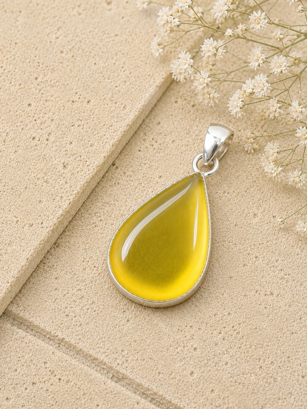 Natural Teardrop Yellow Onyx Gemstone 925 Sterling Silver 2.2” Pendant - Picture 2 of 6